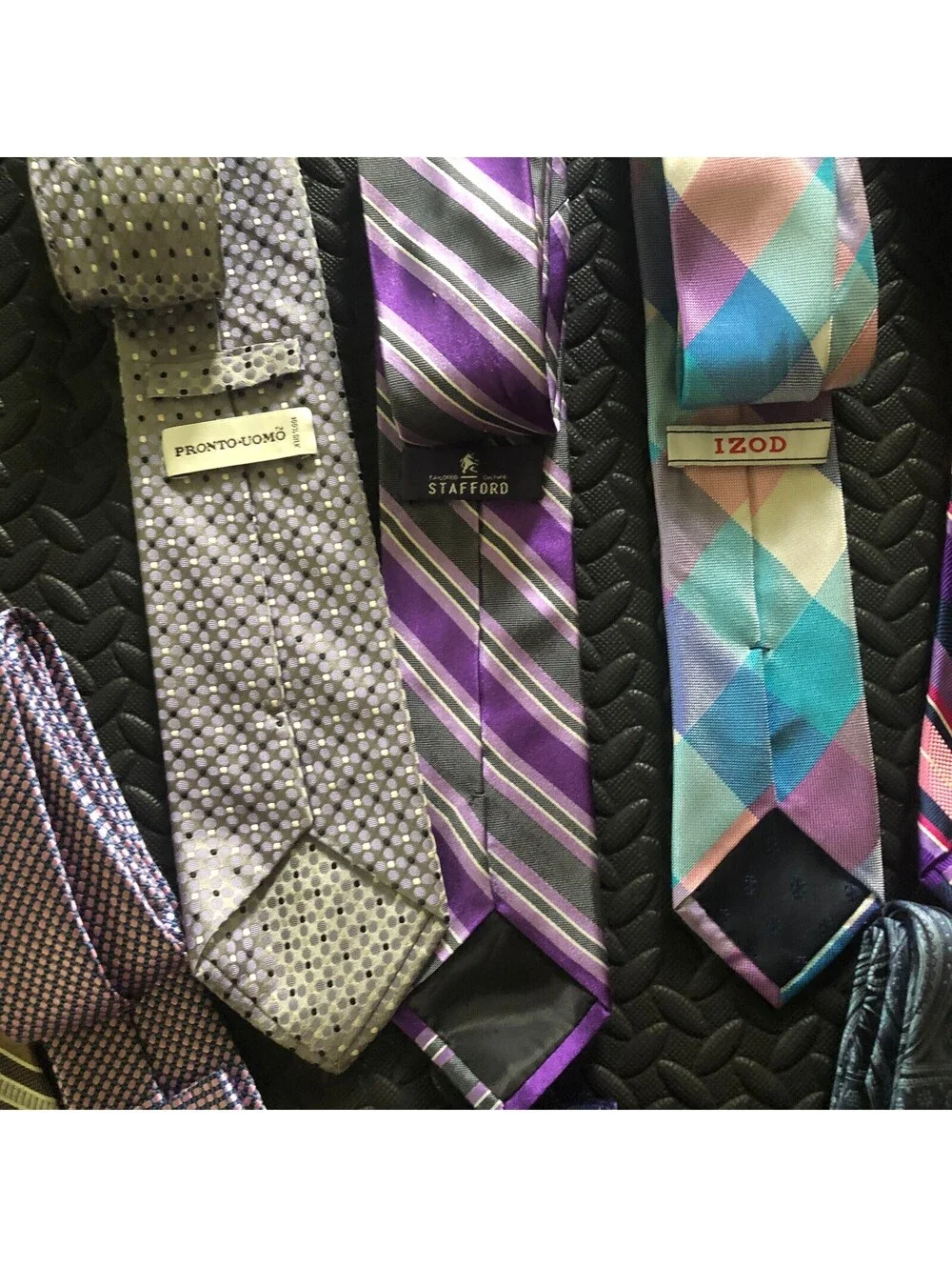 Set of 13 Men's Patterned Silk Ties in Purple, Pink, Blue, and Gold Tones